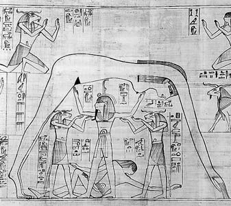 Shu (standing, centre) supporting the sky goddess Nut arched above him and with the earth god Geb lying at his feet, detail from the Greenfield Papyrus, 10th century BC; in the British Museum