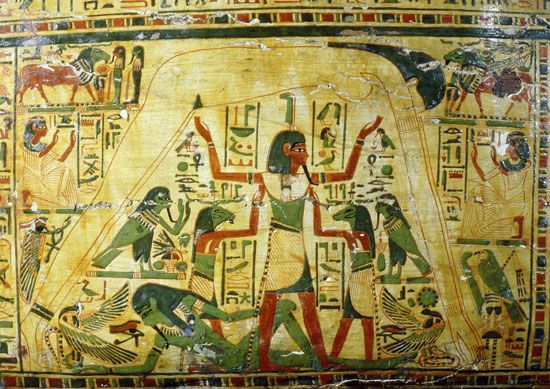 Egyptian air god Shu separates the sky goddess Nut from the earth god Geb, helped by 2 ram-headed gods, detail from wood coffin of Nespawershepi, (also Nespawershefyt) 21st dynasty, c. 984 BC, Western Thebes, Egypt; in the Fitzwilliam Museum, Cambridge, E